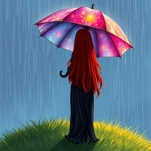 A surreal hand-drawn digital artwork depicting a mysterious red-haired woman standing on a grassy hill under the rain. She holds an umbrella crafted from iridescent zircon, its vibrant sheen contrasting with the soft, rainy atmosphere. The scene feels dreamlike, blending the natural elements of the hill and rain with the otherworldly shimmer of the umbrella.