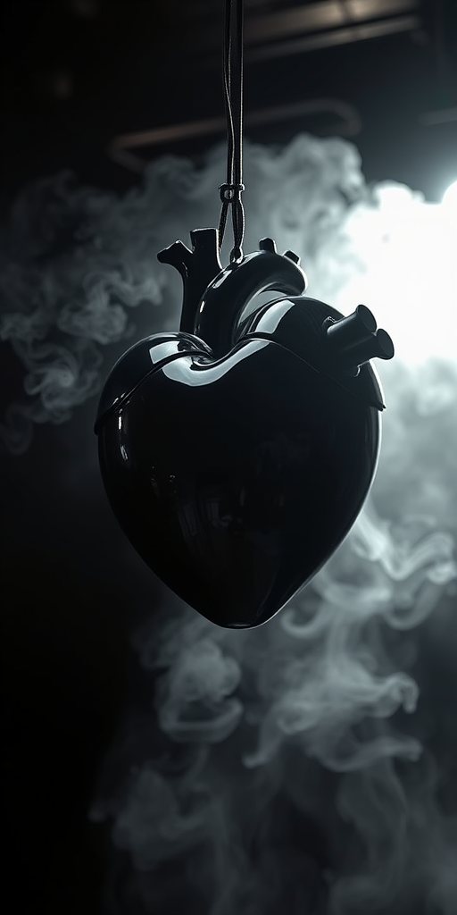Create a surreal image of a large, glossy black heart suspended in a dark environment with dramatic lighting and smoke, using a Canon EOS R5 camera at f/1.8, 1/100s, ISO 100, with a 50mm lens to enhance clarity and detail, shot from a low angle to emphasize depth and dimension.