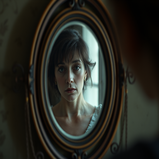Capture a somber portrait of a woman reflected in a vintage mirror, using a Canon EOS 5D Mark IV, ISO 200, f/2.8, 1/60 sec, natural light, soft focus, shallow depth of field, from a slightly elevated angle to emphasize the reflection.