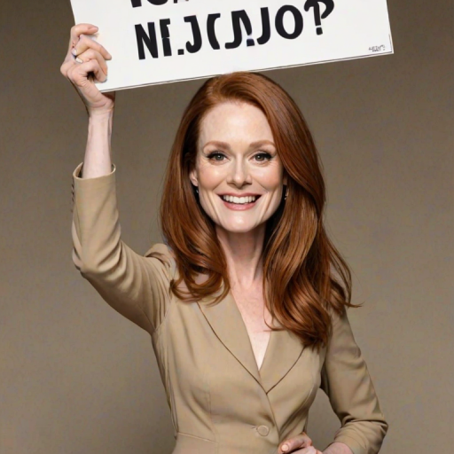 caricature of a smiling Julianne Moore in a Tan dress or suit, holding up a sign that says "NEED A JOB", no watermark,