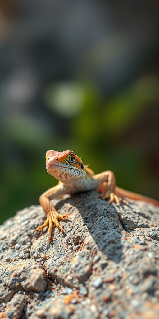 Capture a close-up of a lizard resting on a textured rock using a DSLR camera, 85mm lens, f/2.8 aperture, ISO 200, 1/500 sec shutter speed, natural lighting, shallow depth of field for sharp focus on the lizard with a blurred background.