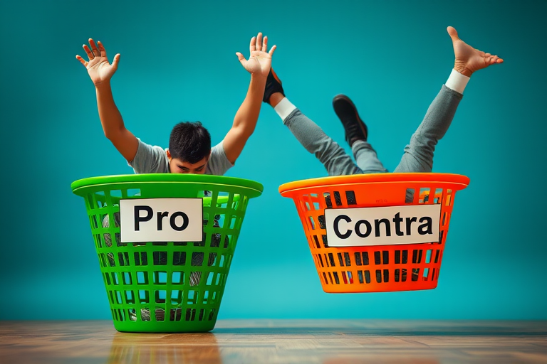 Create an image of two baskets, one green and one orange, with a person diving into the green basket labeled 'Pro' and another person dramatically falling into the orange basket labeled 'Contra'; use a DSLR camera with a 50mm lens, aperture set to f/2.8, ISO 100, shot from a low angle with a shallow depth of field to enhance the foreground elements.