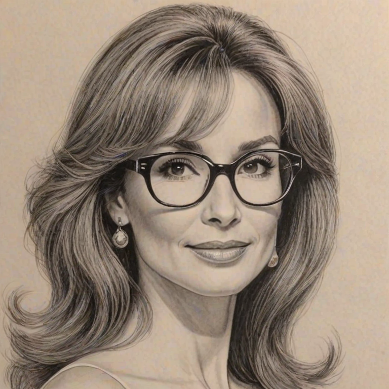 Dazzling Susan Lucci, pencil sketch, portrait of Magnificent woman 1972s in glasses, hair style beatnik, outline, clear lines, fine lines, 8k
