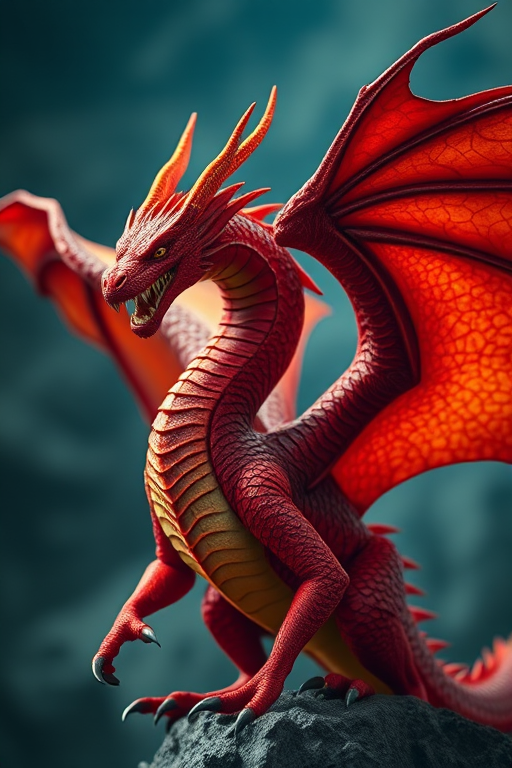 Create an image of a majestic dragon with rich red scales and detailed parchment-like wings, capturing it in a dynamic pose against a dramatic background, using a DSLR camera set to 50mm f/1.8, ISO 100, and a shutter speed of 1/200s for high detail and depth of field.