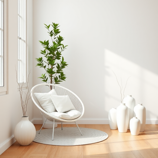 interior photo of a minimalist living space featuring a white round chair with pillows, a tall green plant, several white vases, and a wooden floor, using a Canon EOS R5 camera with a 35mm lens, aperture f/2.8, ISO 200, soft natural lighting, wide-angle view, high resolution
