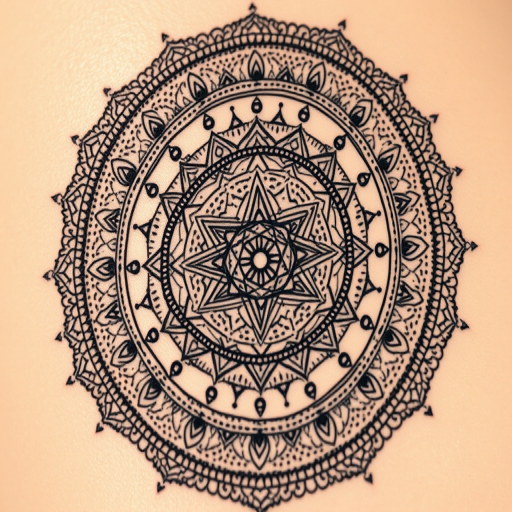 Intricate dotwork mandala tattoo named "Cosmic Harmony" featuring concentric circles and geometric patterns. Thousands of tiny dots create mesmerizing textures and gradients, giving the illusion of three-dimensionality. Sacred geometry symbols and celestial motifs are incorporated into the design, infusing it with spiritual significance.
