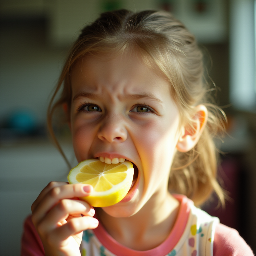 A candid photograph of a young girl biting into a slice of lemon. Her face is scrunched up from the sour taste, capturing a moment of surprise and playfulness. She has light brown hair, tied back in a ponytail, and wears a casual, colorful top. The background is softly blurred, keeping focus on her expression and the lemon slice. Natural lighting illuminates her face, highlighting her reaction with a soft, warm tone. The image has a bright and cheerful atmosphere, with a high contrast. The photo was captured with a 50mm lens and shot on Kodak Portra 160 film.