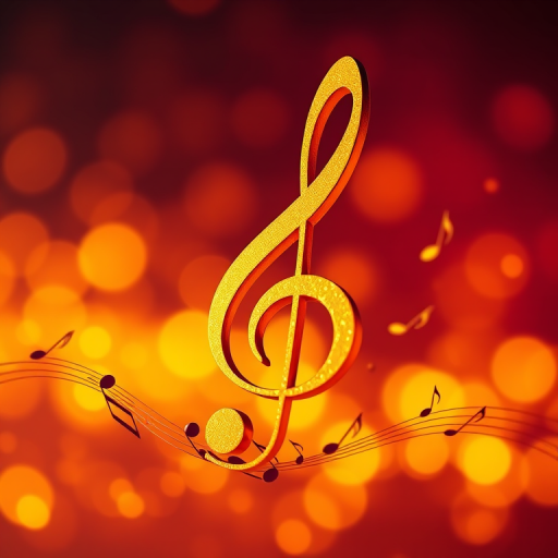 Create a vibrant abstract image featuring a large golden treble clef surrounded by musical notes, with a blurred bokeh background in warm tones of orange and gold, shot with a Canon EOS R5 at f/2.8, ISO 100, 50mm lens, in landscape orientation, using a shallow depth of field for a dreamy effect.