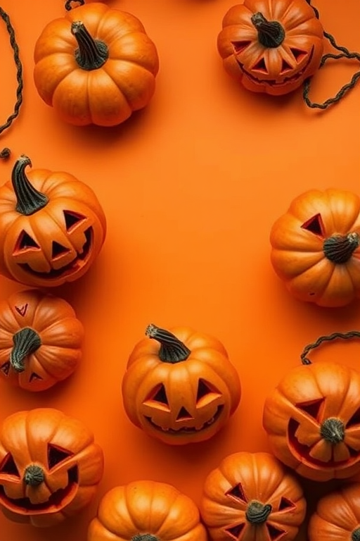 Create a high-resolution digital illustration of a Halloween-themed background with various grinning pumpkins on an orange backdrop, using a 50mm lens, f/8 aperture, and ISO 100, in an overhead view with a flat lay style.
