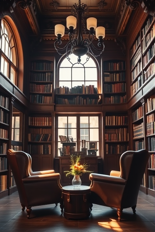a cozy, richly decorated library with dark wooden shelves filled with books, two vintage leather armchairs facing each other, a decorative chandelier casting warm light, sunlight streaming through large windows, soft shadows creating depth, f/2.8 aperture, ISO 100, 50mm lens, natural lighting, DSLR camera, interior photography style