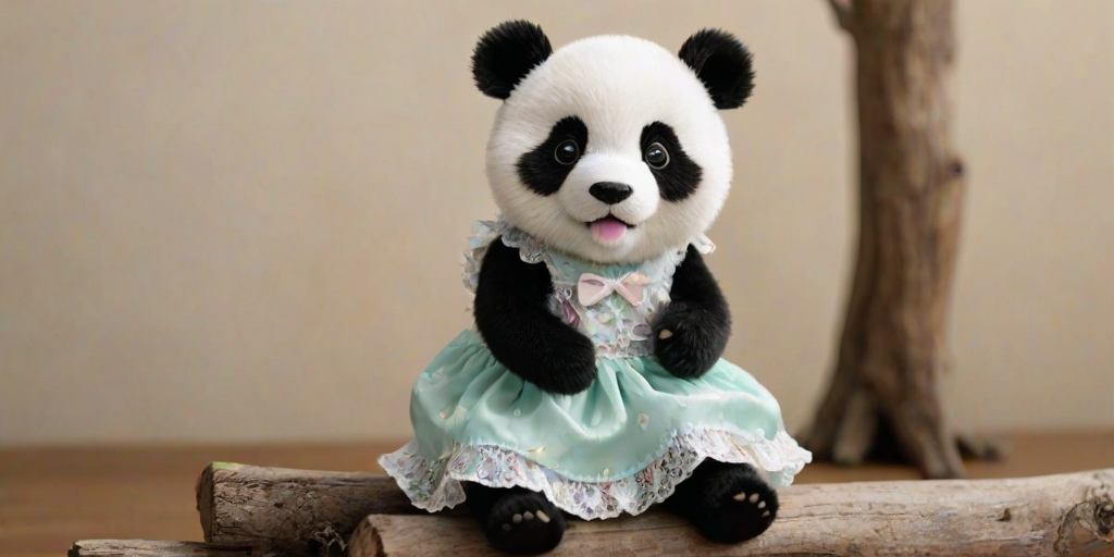 This is a high-resolution photograph of a angry panda named Huahua, depicted with her distinctive black and white fur, sitting gracefully on a wooden log. Huahua is dressed in an adorable pastel-colored dress adorned with delicate frills and bows, adding a touch of whimsy to her natural charm. The dress is detailed with intricate patterns and soft textures, creating a lifelike contrast to her fluffy fur.