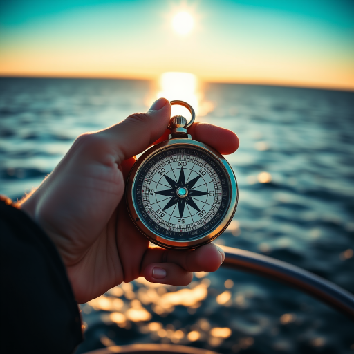 Create a detailed nautical navigation scene featuring a hand holding a compass with an ocean horizon in the background and a bright star above, using a DSLR camera with a 50mm lens, aperture set to f/2.8, shutter speed of 1/200s, ISO 100, captured in natural light from the golden hour to enhance colors and clarity.
