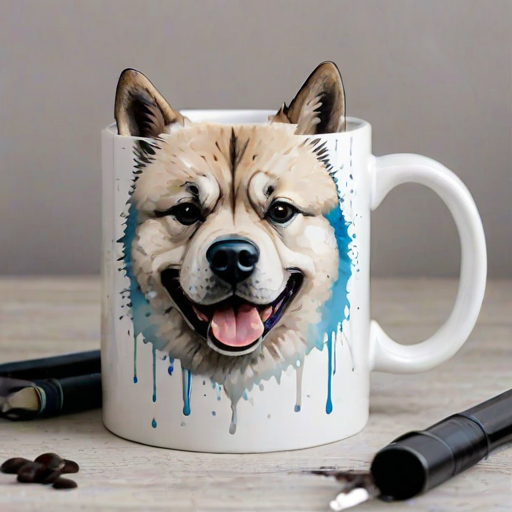 A quirky, artistic illustration of a disheveled akita pit dog breed with exaggerated, large eyes and spiky fur, holding a coffee mug that reads "Good Morning". The dog has a tired but humorous expression, with ink splatters and abstract details surrounding it, giving a whimsical feel to the image. The color palette is mostly monochrome with hints of blue in the eyes and steam rising from the mug, enhancing the overall sleepy vibe