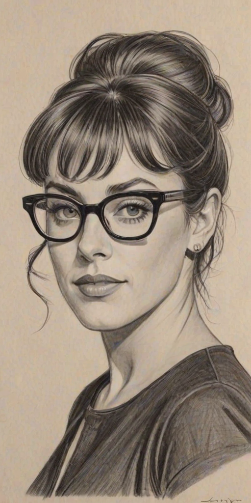 Pleasing Lindsay Sloane, pencil sketch, portrait of Magnificent woman 1957s in glasses, hair style beatnik, outline, clear lines, fine lines, 8k