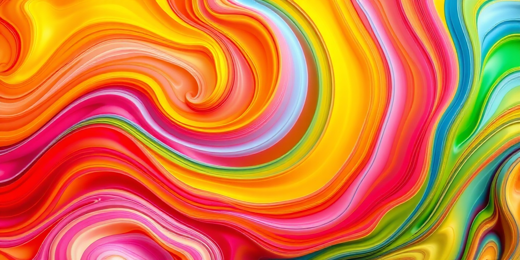 generate a vibrant abstract pattern with flowing waves of colors including yellow, orange, pink, red, blue, and green, high-resolution, 50mm lens, f/8 aperture, ISO 200, natural lighting, top-down view, digital art style, macro photography
