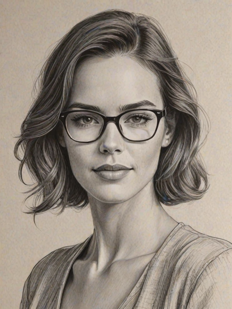 Fetching Odette Annable, pencil sketch, portrait of Lovely woman 1942s in glasses, hair style beatnik, outline, clear lines, fine lines, 8k