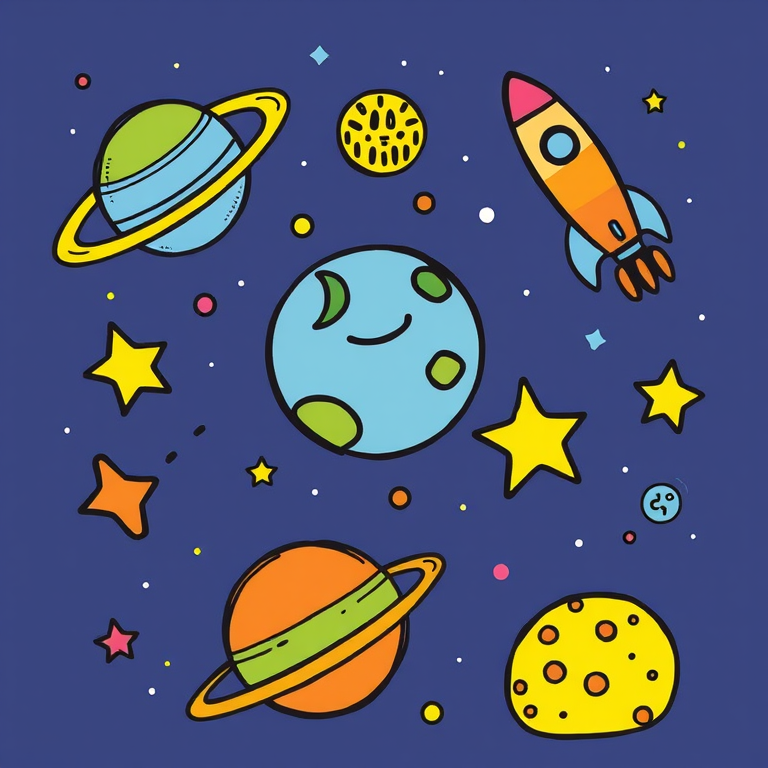 Create a vibrant illustration of whimsical space-themed doodles featuring a planet with rings, a colorful rocket, a satellite, a star, a cartoonish alien hat, and a dotted planet, using a DSLR camera with a 50mm lens, f/1.8 aperture, shallow depth of field, and bright, even lighting for enhanced image quality.
