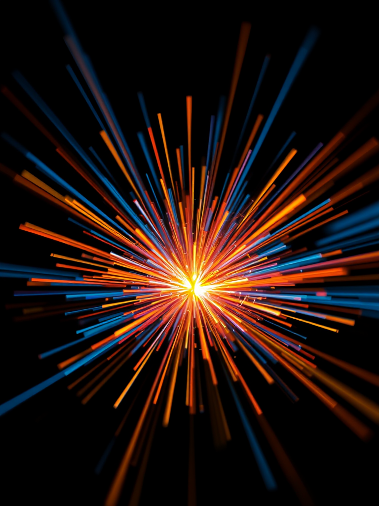 a vibrant burst of colors with streaks of blue, orange, and yellow radiating from the center against a black background, captured using a Canon EOS R5, aperture f/8, shutter speed 1/60s, ISO 400, wide-angle lens, HDR style, focus on central explosion for depth