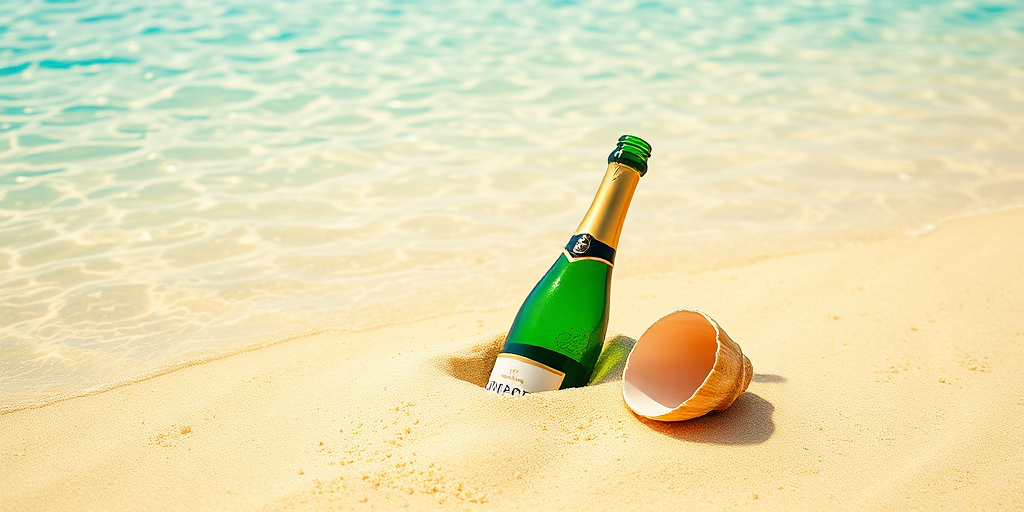Create a high-resolution digital illustration of a bright yellow sandy island in a turquoise ocean with a green glass champagne bottle partially buried in the sand and a cracked seashell beside it, using a Canon EOS R5, 50mm lens, f/2.8 aperture, ISO 100, and natural lighting.