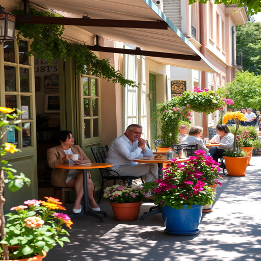 Charming cafe patio, with patrons enjoying coffee and pastries, flowers blooming in colorful pots, and sunlight casting dappled shadows on the ground.