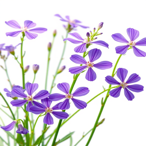 Create a vibrant illustration of purple flowers with green stems and leaves against a plain white background, using a DSLR camera with a 50mm lens, f/1.8 aperture, ISO 100, in macro view for enhanced detail and clarity.
