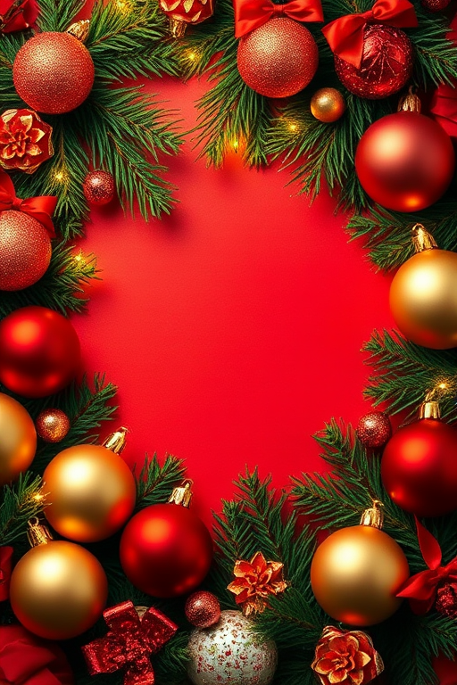 Create a festive holiday background featuring a vibrant red center surrounded by an arrangement of Christmas ornaments in gold and red. Include pine branches and sparkling lights to enhance the seasonal feel, ensuring a cheerful and warm atmosphere.