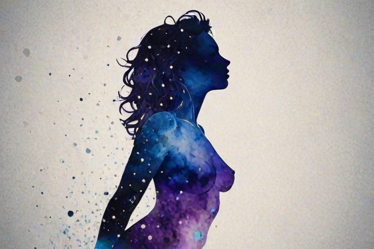 Captivating conceptual render alcohol ink art, double exposure, the paint strokes artfully merge combining a woman's full silhouette with a Ladybug crawl's silhouette. The figures are composed of a series of colored dots, lines & spots that evoke the image of a cosmic galaxy, colors are deep shades of blue purple & black with flashes of white & silver representing distant stars. The woman's silhouette is formed within the lion's silhouette from constellations of scattered stars, surreal