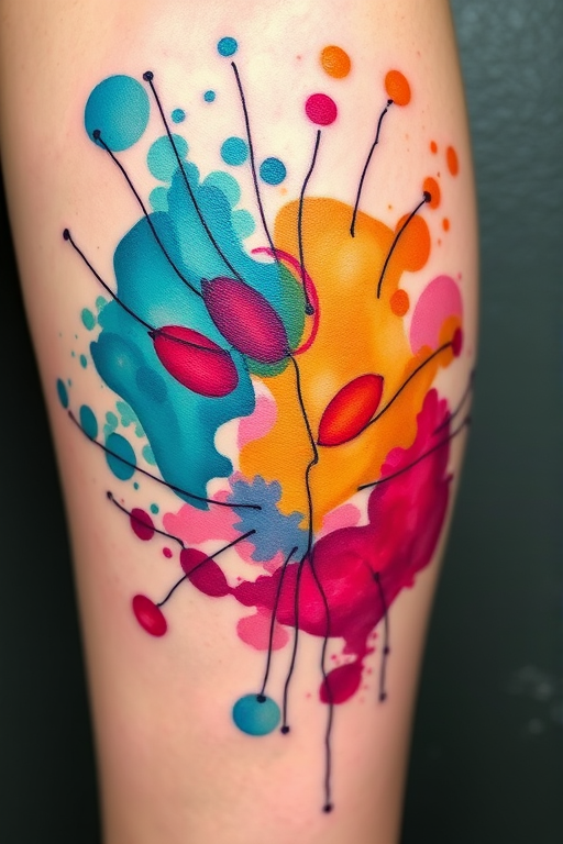 Vibrant watercolor splashes form an intricate "Chromatic Symphony" tattoo, blending hues of teal, magenta, and gold in a fluid, abstract design. Delicate brushstrokes create a sense of movement, while fine black linework adds depth and definition to the colorful chaos. This bold and expressive piece showcases the artist's mastery of color theory and freeform style.