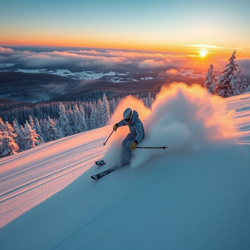 High-action shot of a skier carving through fresh powder snow with clouds of snow spray, captured at sunset, using a DSLR camera with a 24-70mm lens, aperture f/4, shutter speed 1/1000s, ISO 200, wide-angle perspective, vibrant color enhancement.