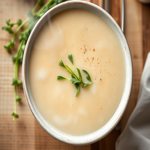 Create a high-resolution image of a steaming bowl of creamy soup with green herbs on top, using a Canon EOS 5D Mark IV camera with a 50mm lens, aperture f/1.8, ISO 100, and a top-down view style to enhance the colors and details of the soup.