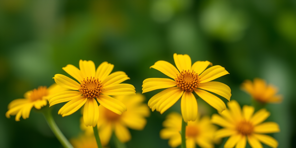 Create a close-up shot of vibrant yellow flowers against a blurred green background, using a DSLR camera, aperture f/2.8, ISO 200, shutter speed 1/250s, natural lighting.