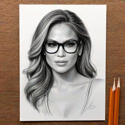 Gorgeous Jennifer Lopez, pencil sketch, portrait of Gorgeous woman 1948s in glasses, hair style beatnik, outline, clear lines, fine lines, 8k