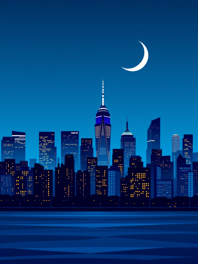 Create a digital illustration of a city skyline at night with a crescent moon, using a wide-angle lens, f/8 aperture, ISO 100, 24mm focal length, captured in a vector art style with vibrant blue tones and smooth gradients for a clean, modern look.