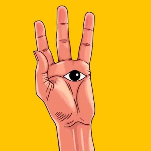 Create a high-resolution illustration of a hand making an "OK" gesture with a stylized black eye in the center, set against a warm yellow background; use a Canon EOS 5D Mark IV camera with a 50mm lens, aperture f/2.8, ISO 100, shot from a slightly elevated angle in natural light for enhanced clarity and contrast.