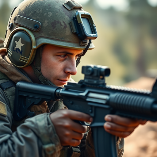 A soldier aiming a rifle in a combat environment, close-up shot, shallow depth of field, ISO 400, f/2.8, 1/500s, 50mm lens, DSLR camera, natural lighting.