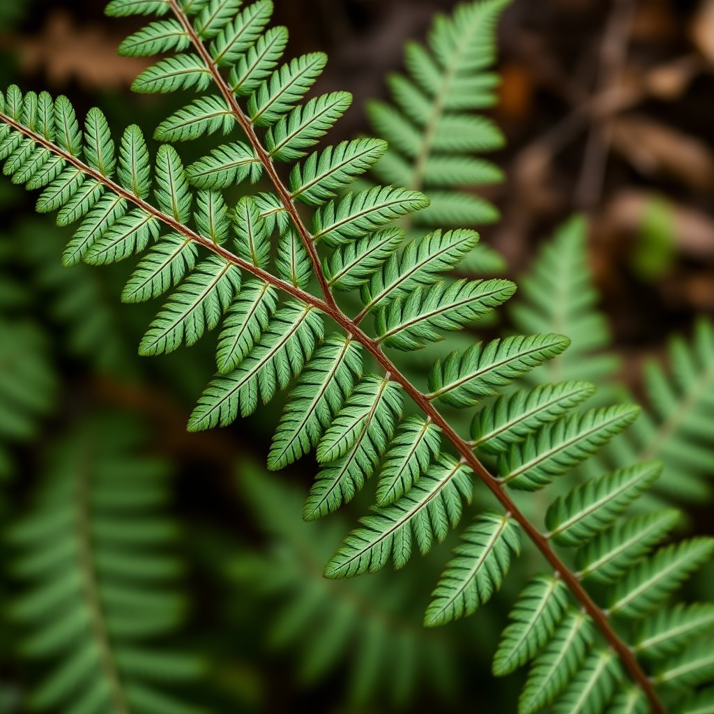 Generate a high-quality image of a green fern leaf with intricate detail, using a macro lens setting, aperture f/2.8, ISO 100, focused view, shot from a slightly angled top-down perspective, captured in natural light with a DSLR camera.