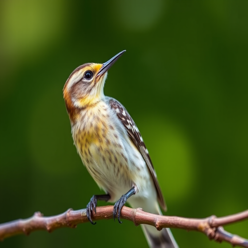 A detailed close-up of a yellow-bellied sapsucker perched on a branch, captured in natural light, 85mm lens, f/4 aperture, ISO 200, 1/1000s shutter speed, shallow depth of field, focusing on the bird with a blurred green background.