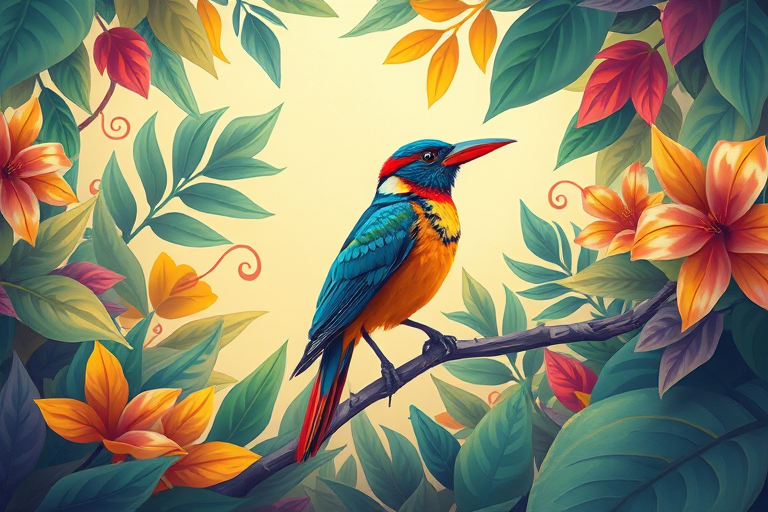 Create a vibrant illustration of a colorful bird perched amidst lush foliage with a whimsical background, using a Canon EOS R5, 50mm lens, f/2.8 aperture, ISO 100, 1/250s exposure, vibrant colors and high detail to enhance the quality.