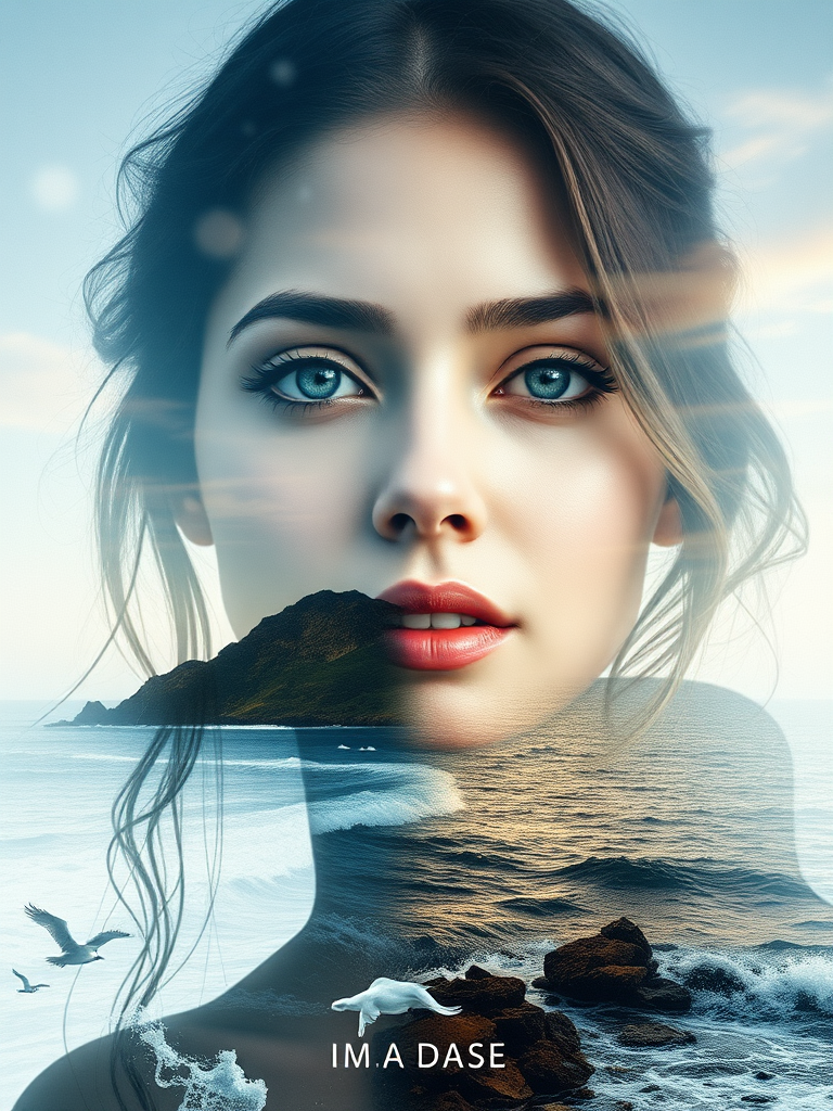 create Book cover, A surreal double exposure portrait that blends a woman's face with a beautiful seascape. The overall mood is dreamy and mystical, with rich colors and intricate details