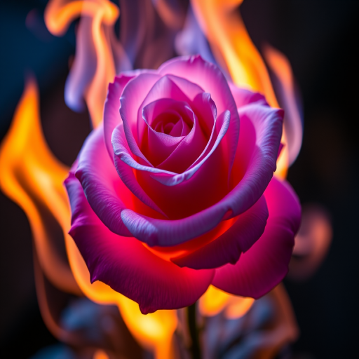 Create a high-resolution image of a pink rose with blue edges surrounded by mystical flames, using a DSLR camera with a 50mm f/1.8 lens at ISO 100, aperture f/2.8, and shutter speed 1/200s, shot from a low angle to enhance depth of field and detail.