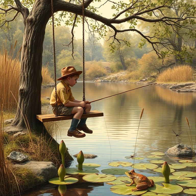 Imagine a small group of old fashioned young boys out fishing by the creek, a swing hanging from a tree branch, reeds and grasses by the water's edge, a frog sitting on a lily pad, dragonflies hovering over som water plans, a very iconic old fashioned scene reminiscent of a Norman Rockwell painting style