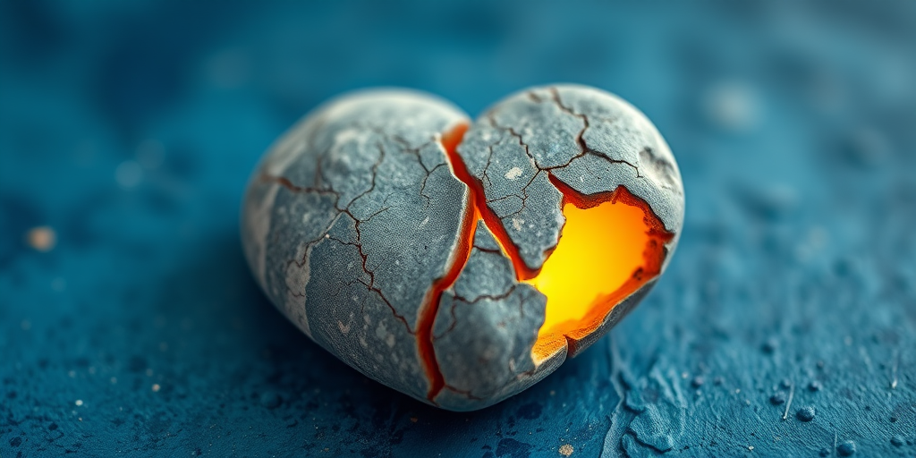 Create a high-resolution image of a cracked heart-shaped stone with a glowing yellow core, placed on a textured blue surface, captured with a Canon EOS R5, 85mm lens, f/1.8 aperture, ISO 100, soft focus background, and natural light for enhanced details and depth.