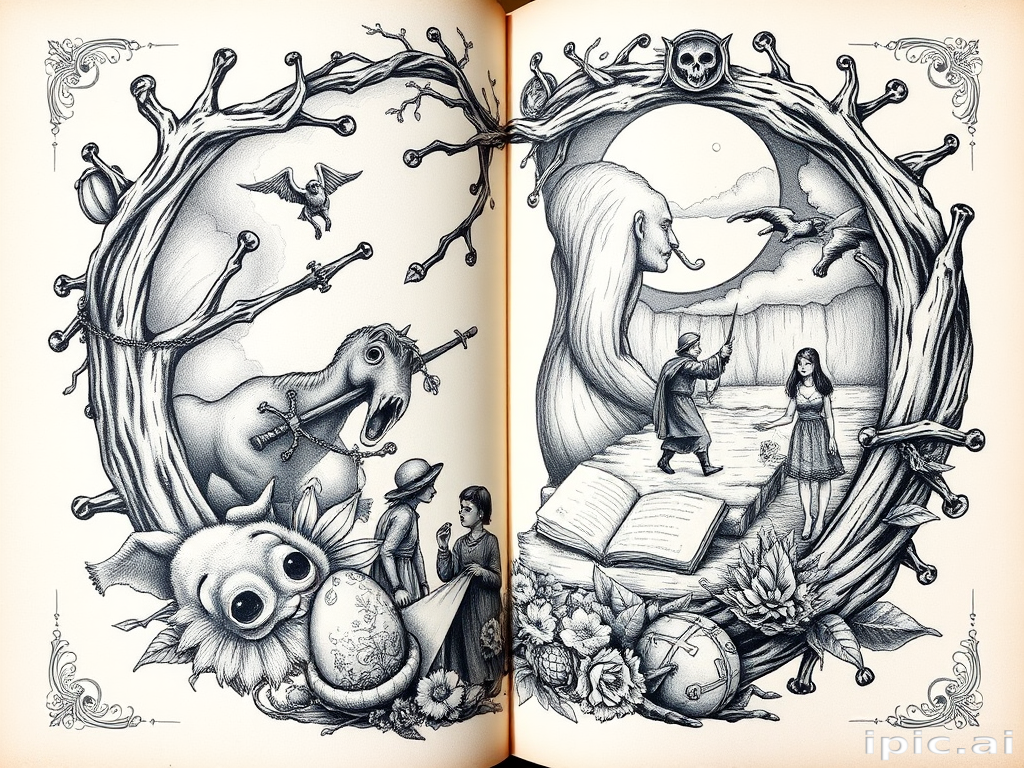 Illustrative black and gray tattoo named "Storyteller's Ink" depicting a narrative scene with intricate details and shading, resembling a page from a vintage storybook with hidden Easter eggs and symbolic elements throughout