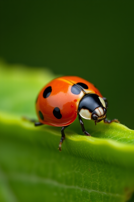 Close-up of a ladybug on a leaf, high-resolution, f/2.8 aperture, 50mm lens, ISO 100, natural light, shallow depth of field, macro photography.