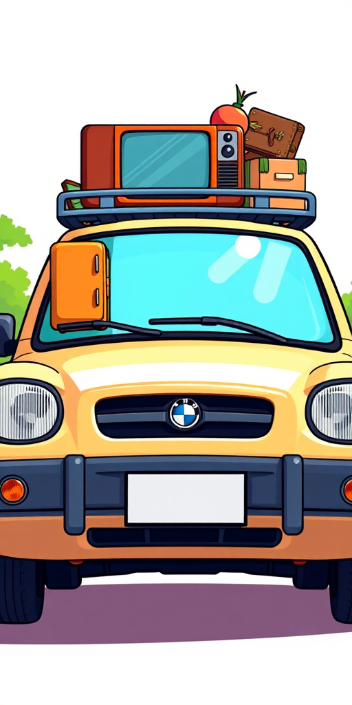 A cartoon-style illustration of a car from a front view, with various travel items like a suitcase, a television, and furniture loaded on the roof, bright and vibrant colors, high resolution, 35mm lens, f/5.6 aperture, natural lighting.