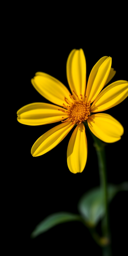 Capture a vibrant yellow flower against a black background with a shallow depth of field, ISO 100, f/2.8 aperture, 50mm lens, soft focus, and natural lighting to enhance colors and details.
