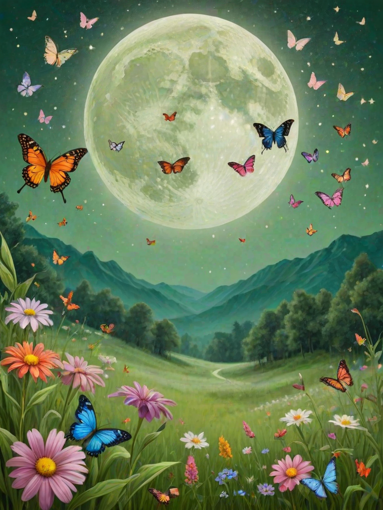a serene landscape with a large moon in the background, surrounded by colorful butterflies flying in the sky, and blooming flowers in the foreground on a textured green background