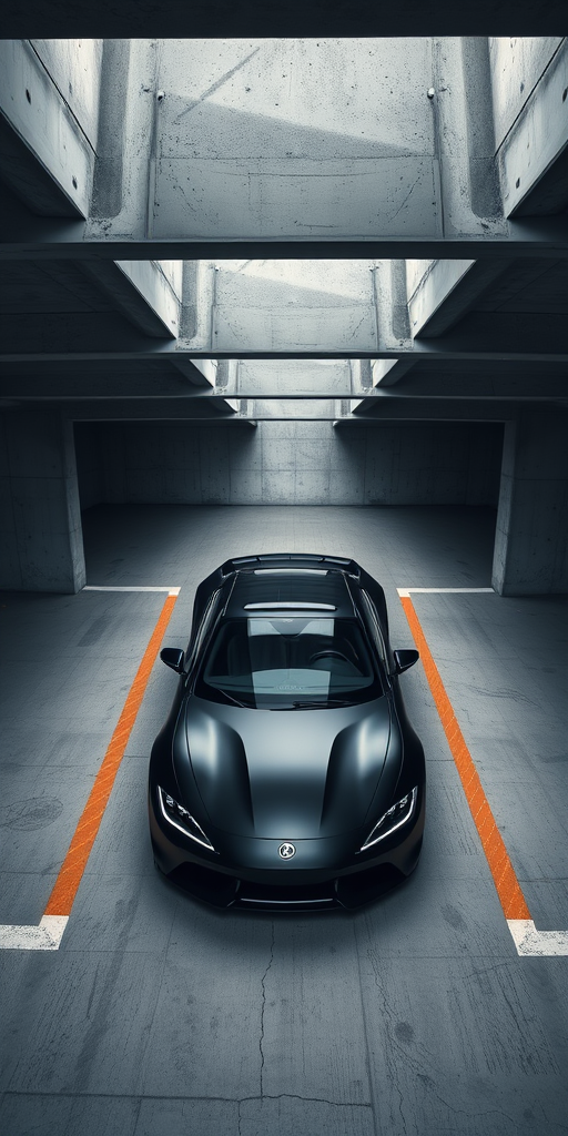 aerial view of a sleek black car positioned in a modern concrete parking structure, low light conditions, ISO 100, f/4, 1/200 sec, taken with a DSLR camera with a wide-angle lens