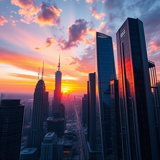 create an image of a futuristic cityscape at sunset with vibrant colors and intricate details using a DSLR camera with a 24mm lens, aperture f/8, ISO 100, and HDR settings for enhanced dynamic range, shot from a low angle perspective to emphasize towering skyscrapers and a hint of clouds in the sky
