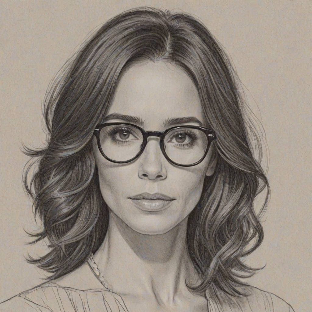 Beauteous Abigail Spencer, pencil sketch, portrait of Enchanting woman 1962s in glasses, hair style beatnik, outline, clear lines, fine lines, 8k